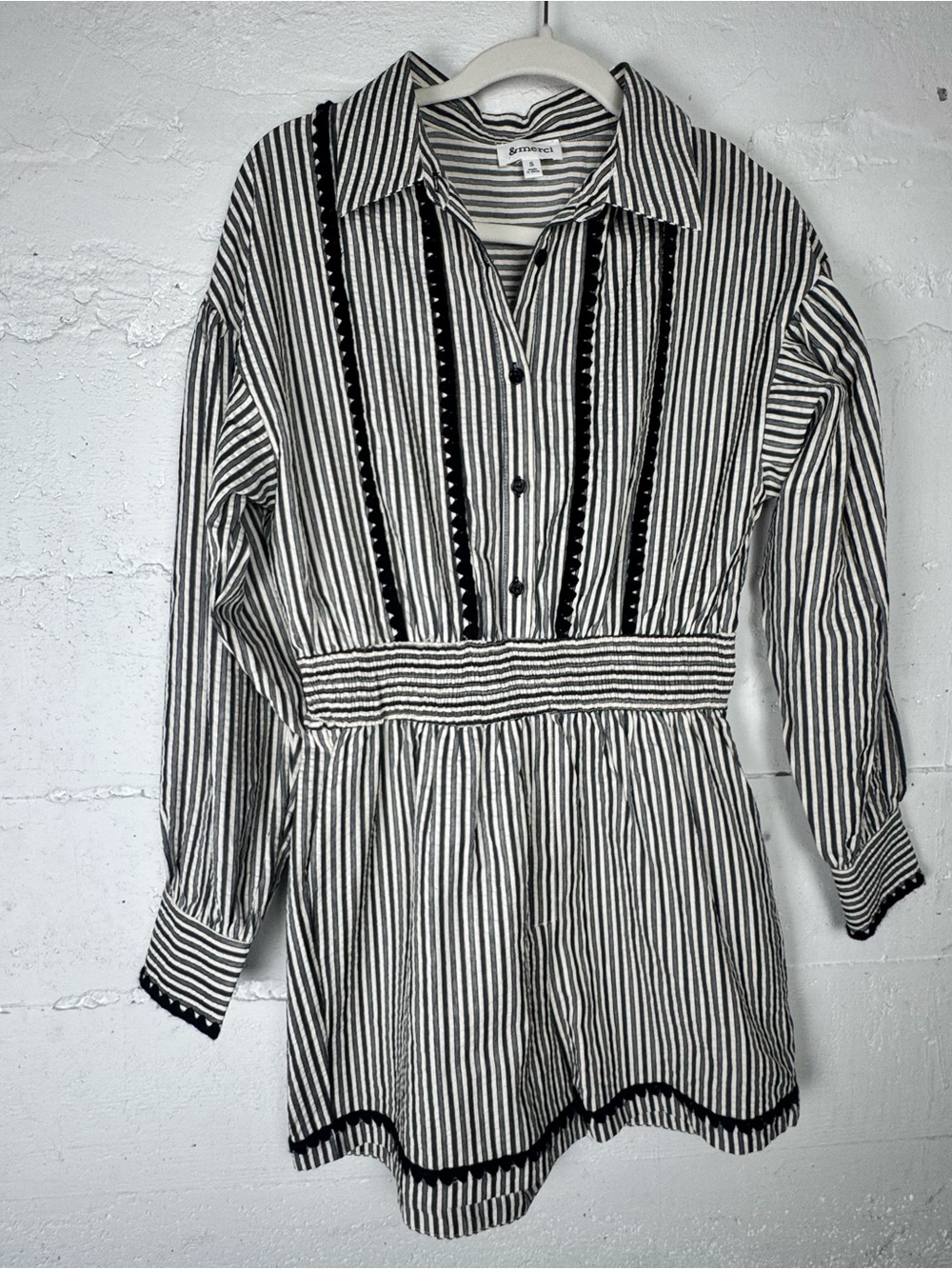 Striped Black and White Button-Up Romper Smocked Waist Long Sleeve Blouse